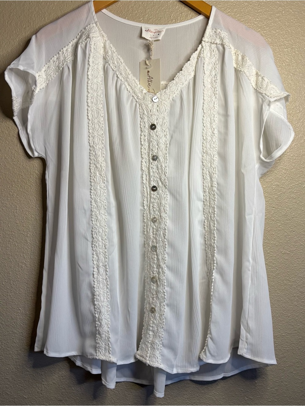Allie Rose Off White Button Up Blouse with Lace Trim Oversized sz S Boho Flowy